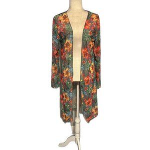 Floral Multicolor Tropical Long Sleeve Sheer Knee Length Swim Cover Up Medium